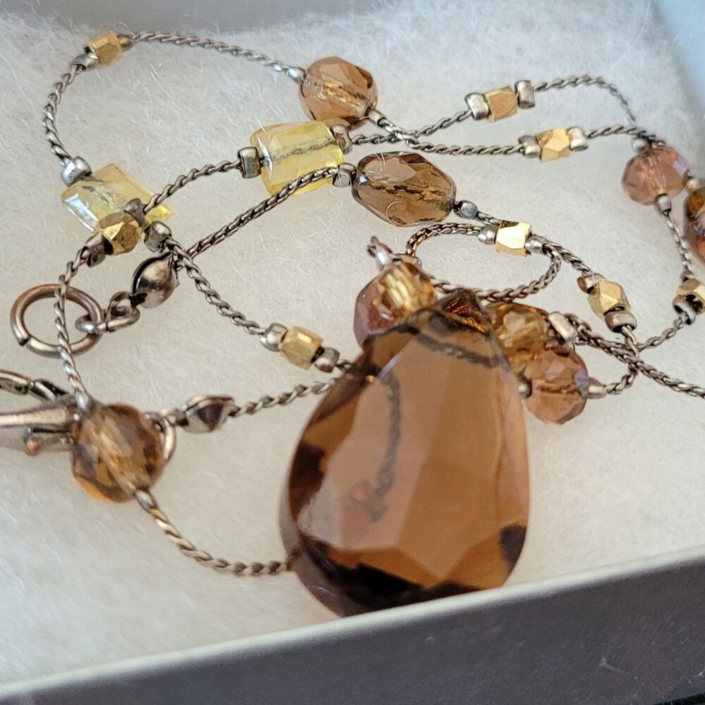 Necklace: Brown Tear Drop Pendant and Beads with Silver